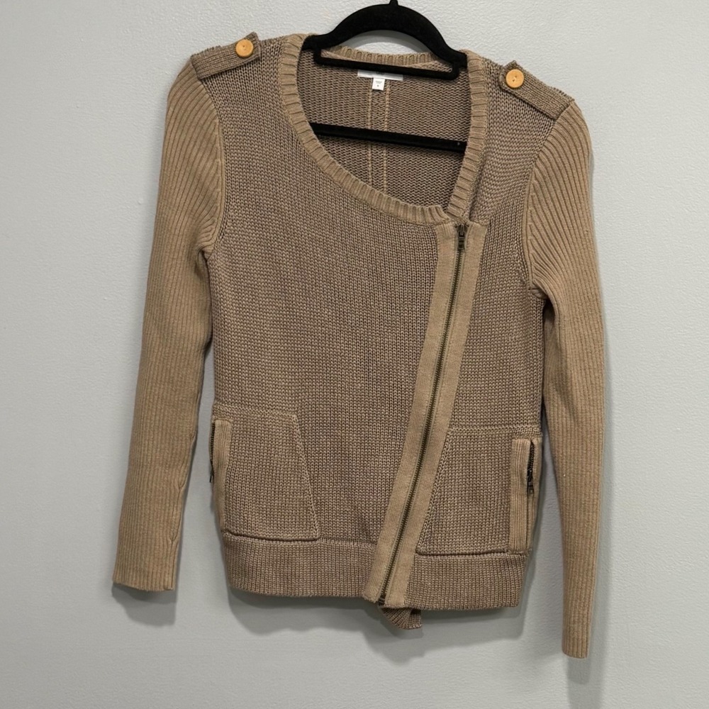 Gap Asymmetric Zip Moto Cardigan Tan Shaker Knit Sweater Small 2010 y2k layering